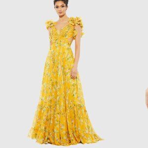 UNALTERED Mac Duggal Yellow Ruffle Tiered Floral Cut out Chiffon Gown 67803